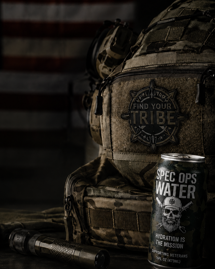 A tactical backpack in camouflage sits in a moody, dark setting with an American flag blurred in the background. In the foreground, a black can of Spec Ops Water with a skull logo is shown next to a flashlight.