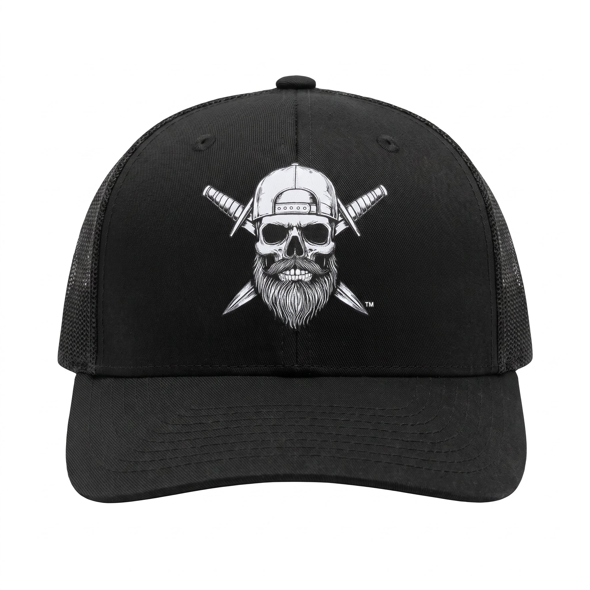 Front view of the Spec Ops Water Blackout Trucker Hat with centered Skull & Swords artwork.