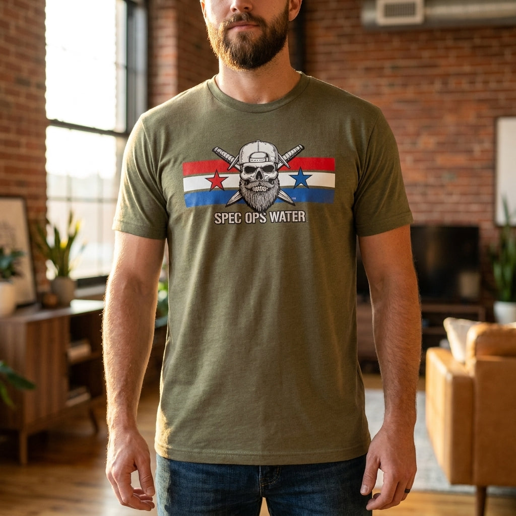 Front view of the Spec Ops Water FRONTLINE military green patriotic graphic t-shirt featuring the Skull & Swords logo.