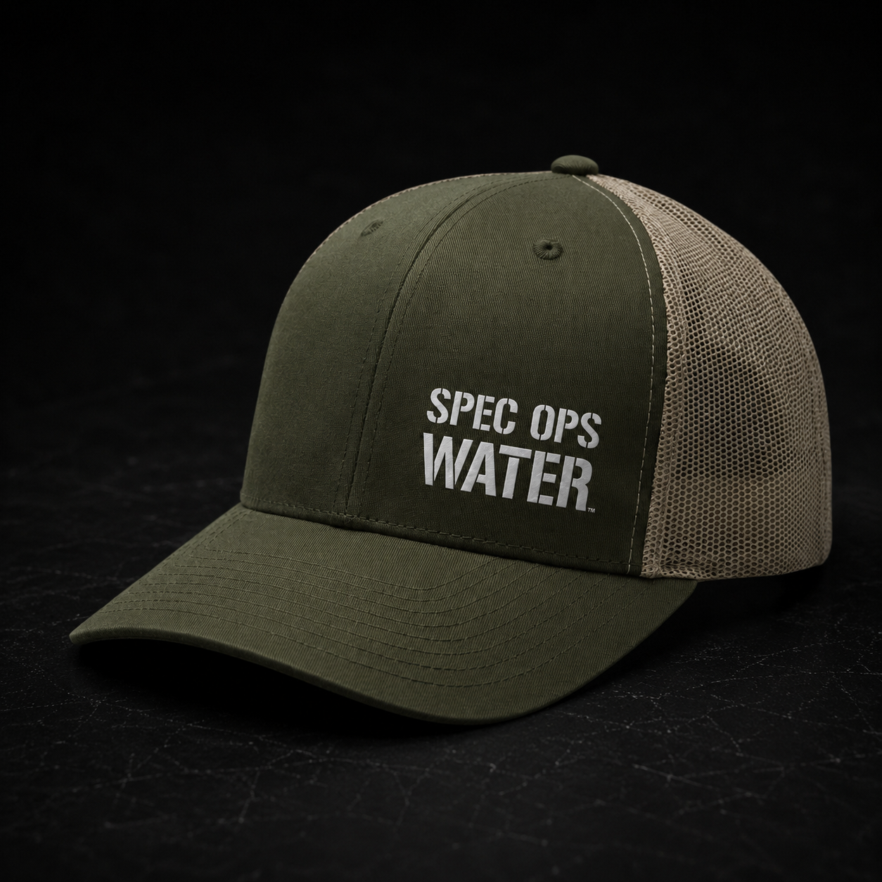Front view of the RECON OD Green and tan mesh snapback trucker hat from the Spec Ops Water Operator Collection.