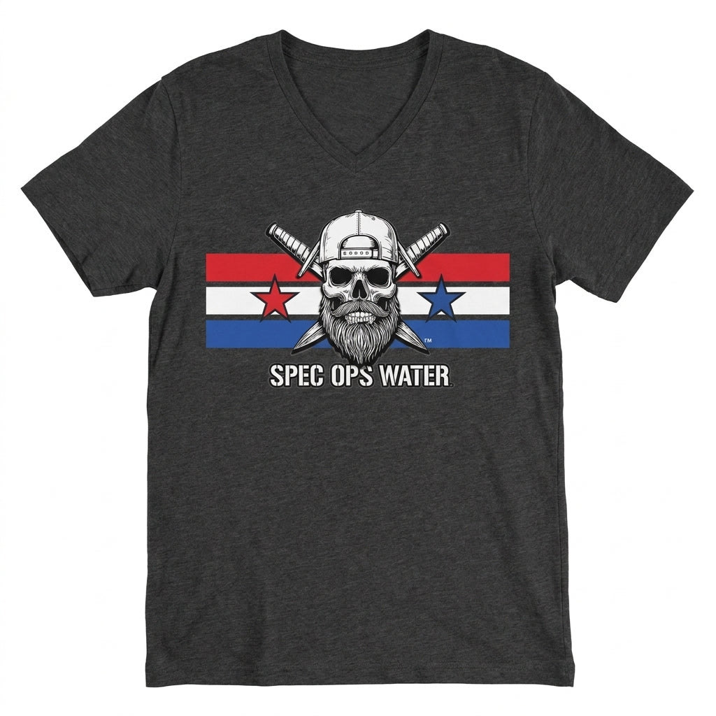 Charcoal heather Spec Ops Water RALLY V-neck t-shirt featuring the Skull & Swords logo over a red, white, and blue heritage stripe.