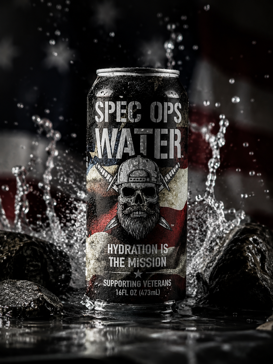 Spec Ops Water hydration can with water splash and American flag background