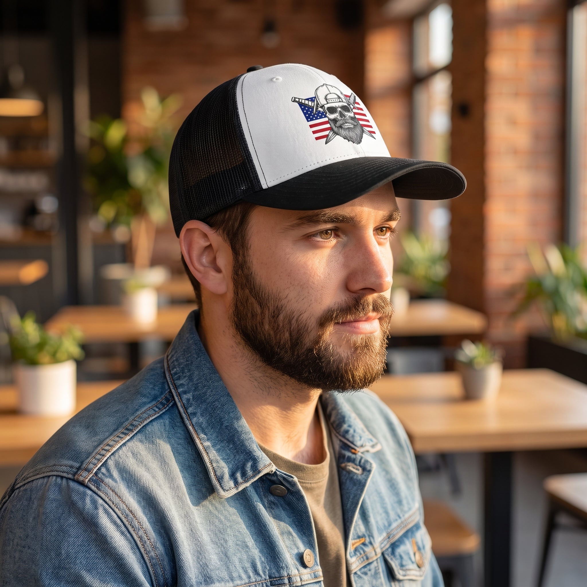 Spec Ops Water Liberty trucker hat featuring American flag graphic on white front with black mesh back.