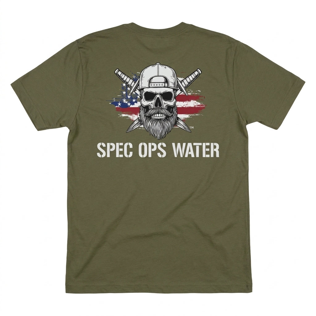 Back of the STANDARD shirt featuring the signature Skull & Swords graphic, distressed American flag, and Spec Ops Water logo.