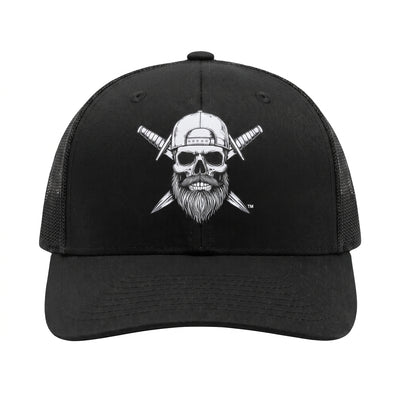 Front view of the Spec Ops Water Blackout Trucker Hat with centered Skull & Swords artwork.