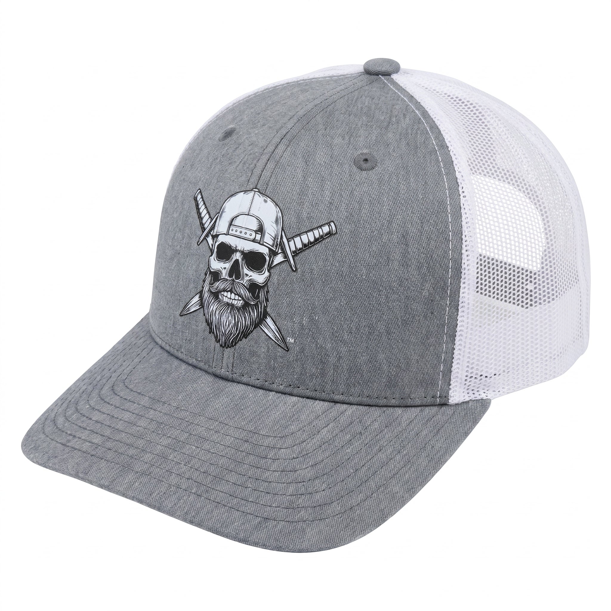 Spec Ops Water FORGED trucker hat displayed on a clean surface showing the premium heather gray front and white mesh back.