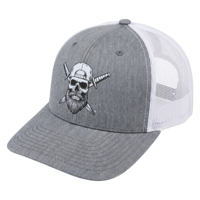 Spec Ops Water FORGED trucker hat displayed on a clean surface showing the premium heather gray front and white mesh back.