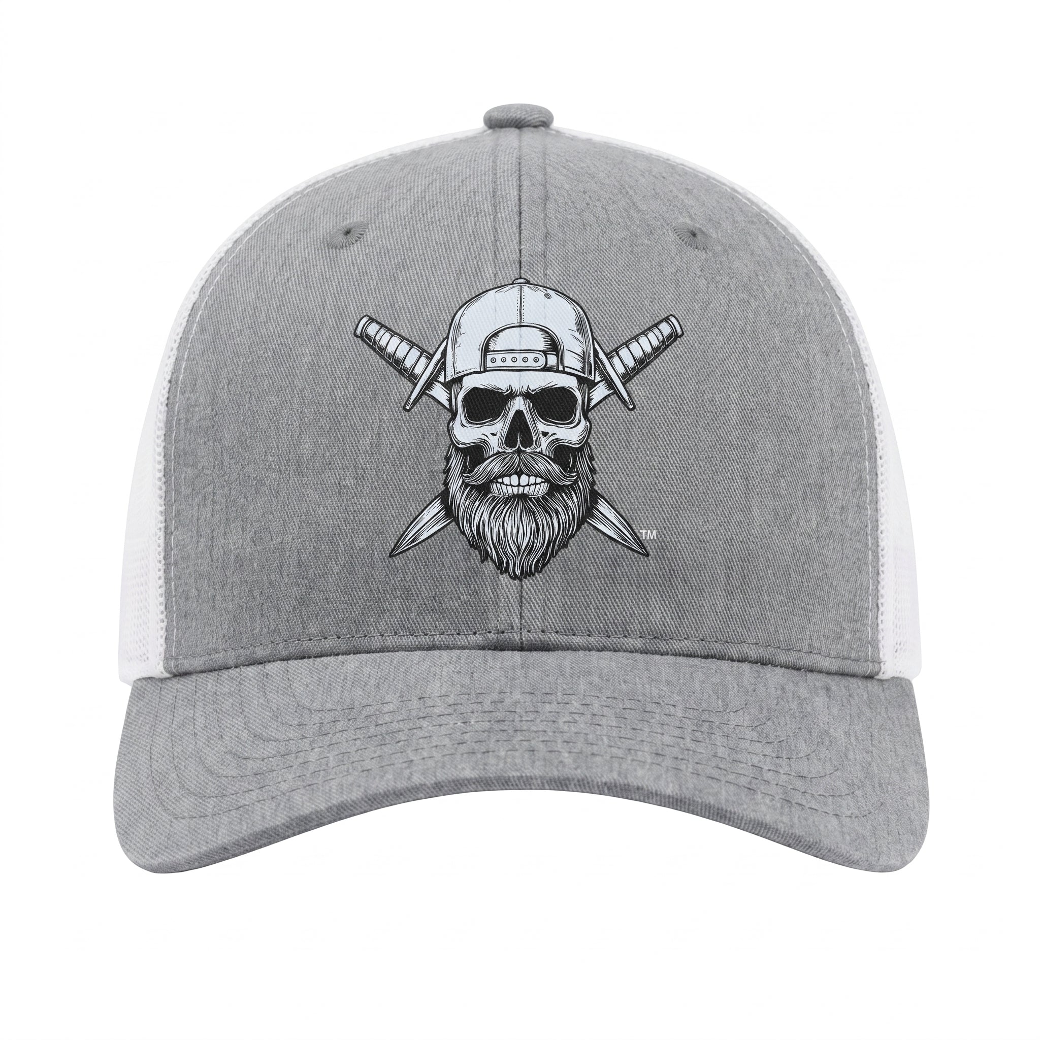 Front view of the Spec Ops Water FORGED heather gray and white trucker hat featuring the Skull & Swords logo.