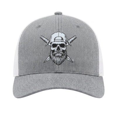 Front view of the Spec Ops Water FORGED heather gray and white trucker hat featuring the Skull & Swords logo.
