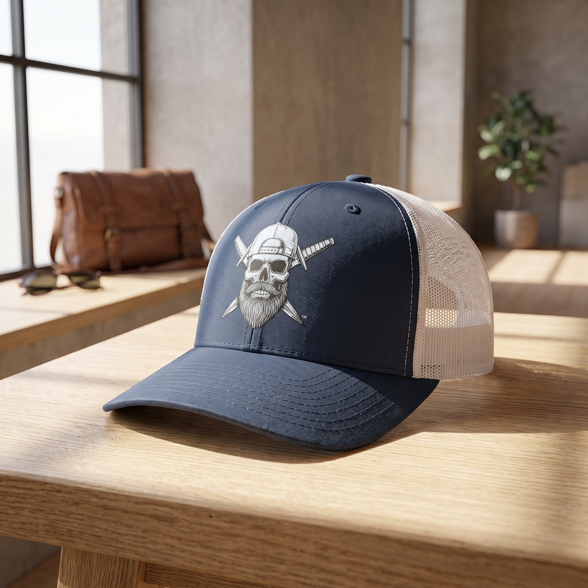 Spec Ops Water HERITAGE trucker hat displayed on a wooden table with navy front panels and white mesh back.