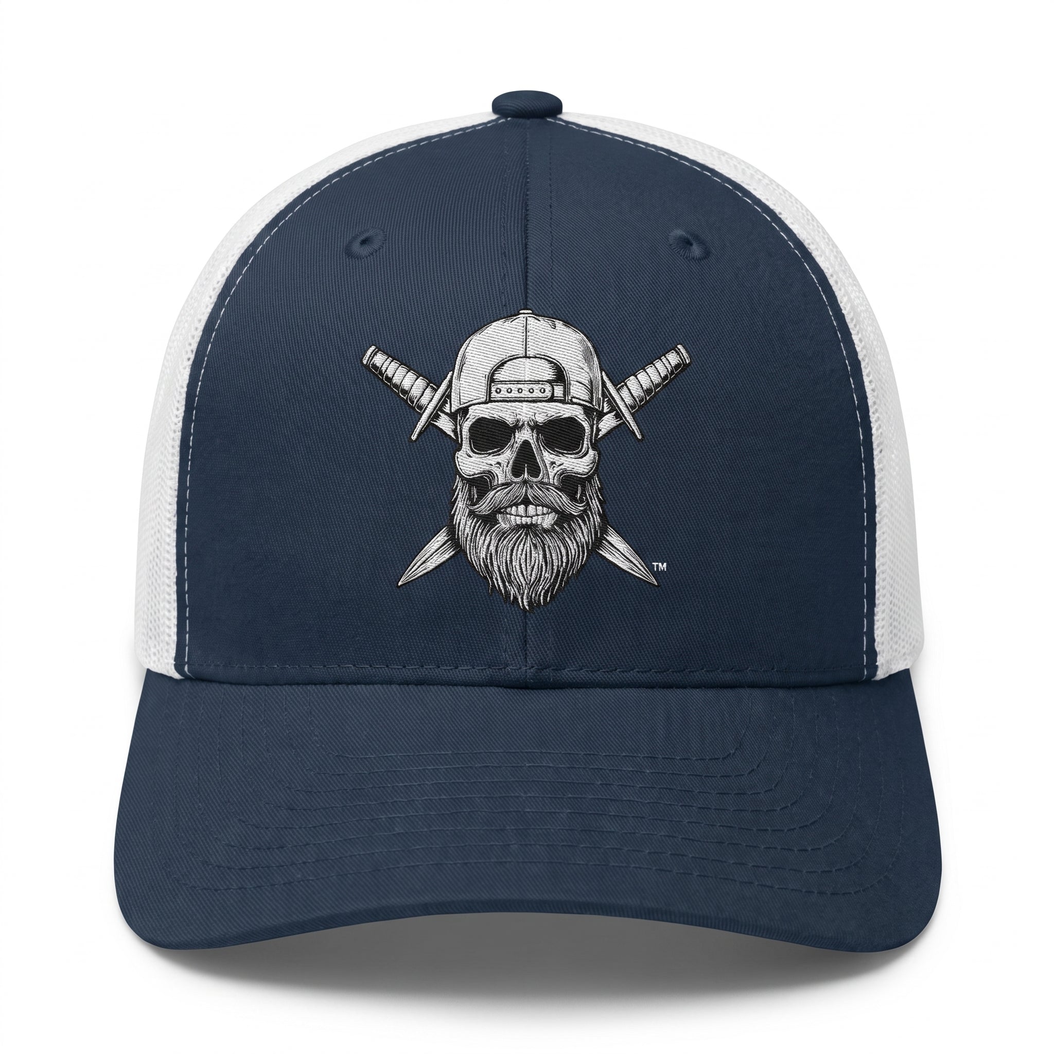 Front view of the Spec Ops Water HERITAGE navy and white trucker hat featuring the Skull & Swords logo.