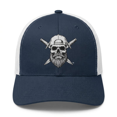 Front view of the Spec Ops Water HERITAGE navy and white trucker hat featuring the Skull & Swords logo.
