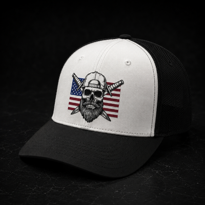 Front view of Spec Ops Water Liberty trucker hat with American flag artwork.