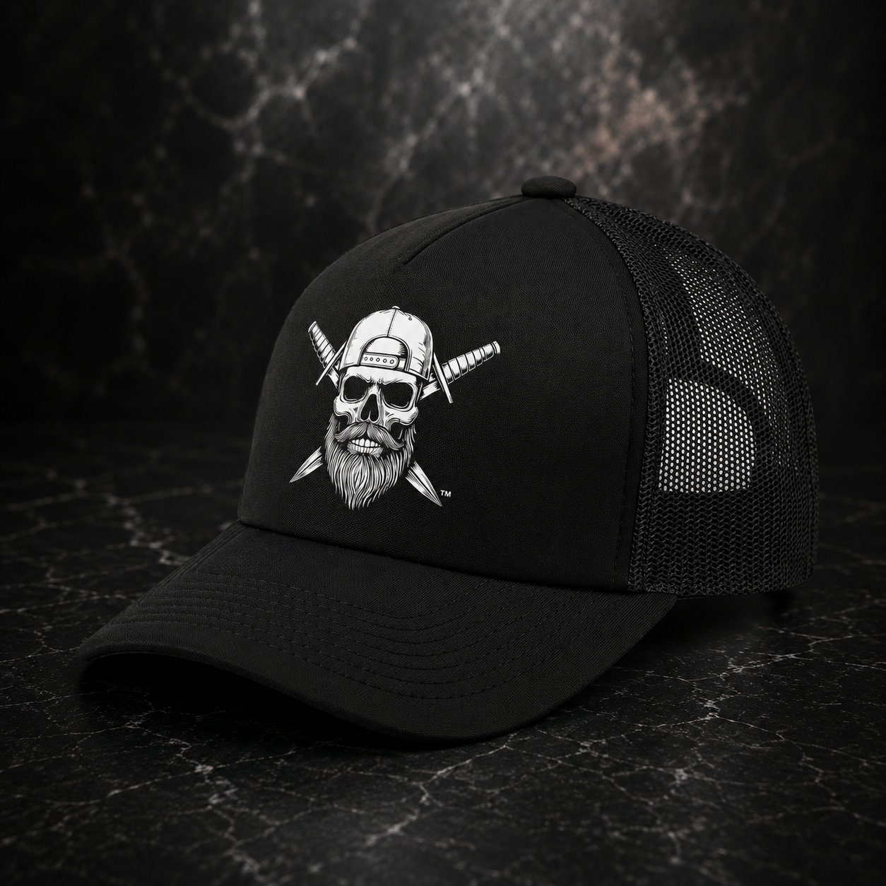 Front view of the Spec Ops Water Blackout Trucker Hat with centered Skull & Swords artwork.