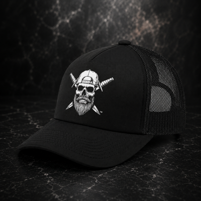 Front view of the Spec Ops Water Blackout Trucker Hat with centered Skull & Swords artwork.