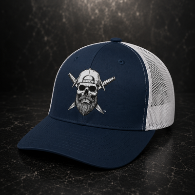 Spec Ops Water HERITAGE trucker hat displayed on a wooden table with navy front panels and white mesh back.