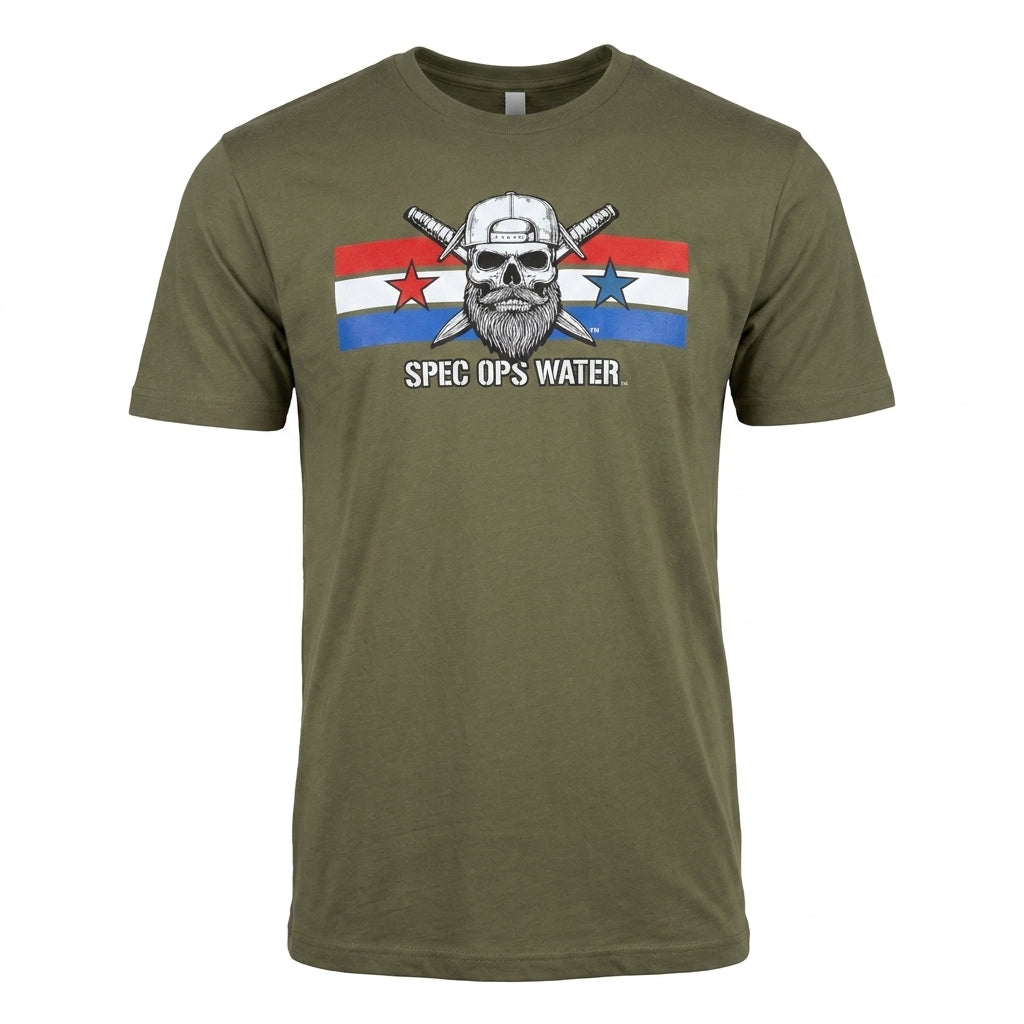 Man wearing the Spec Ops Water FRONTLINE military green patriotic t-shirt indoors.