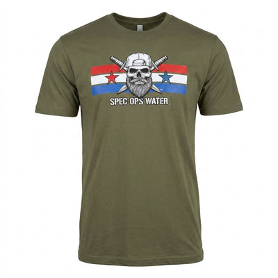 Man wearing the Spec Ops Water FRONTLINE military green patriotic t-shirt indoors.