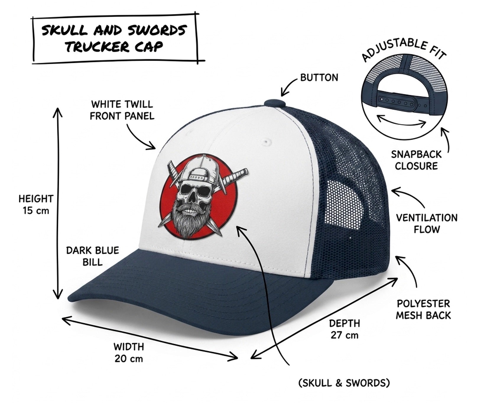 Sentinel black trucker hat by Spec Ops Water with Skull & Swords logo on front.