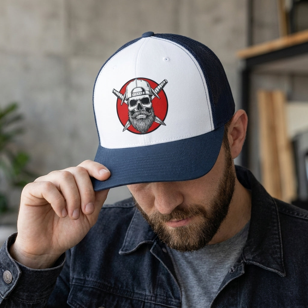 Man wearing the Sentinel black trucker hat by Spec Ops Water outdoors.