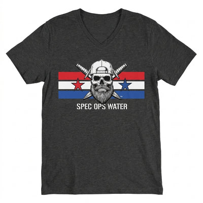 Charcoal heather Spec Ops Water RALLY V-neck t-shirt featuring the Skull & Swords logo over a red, white, and blue heritage stripe.