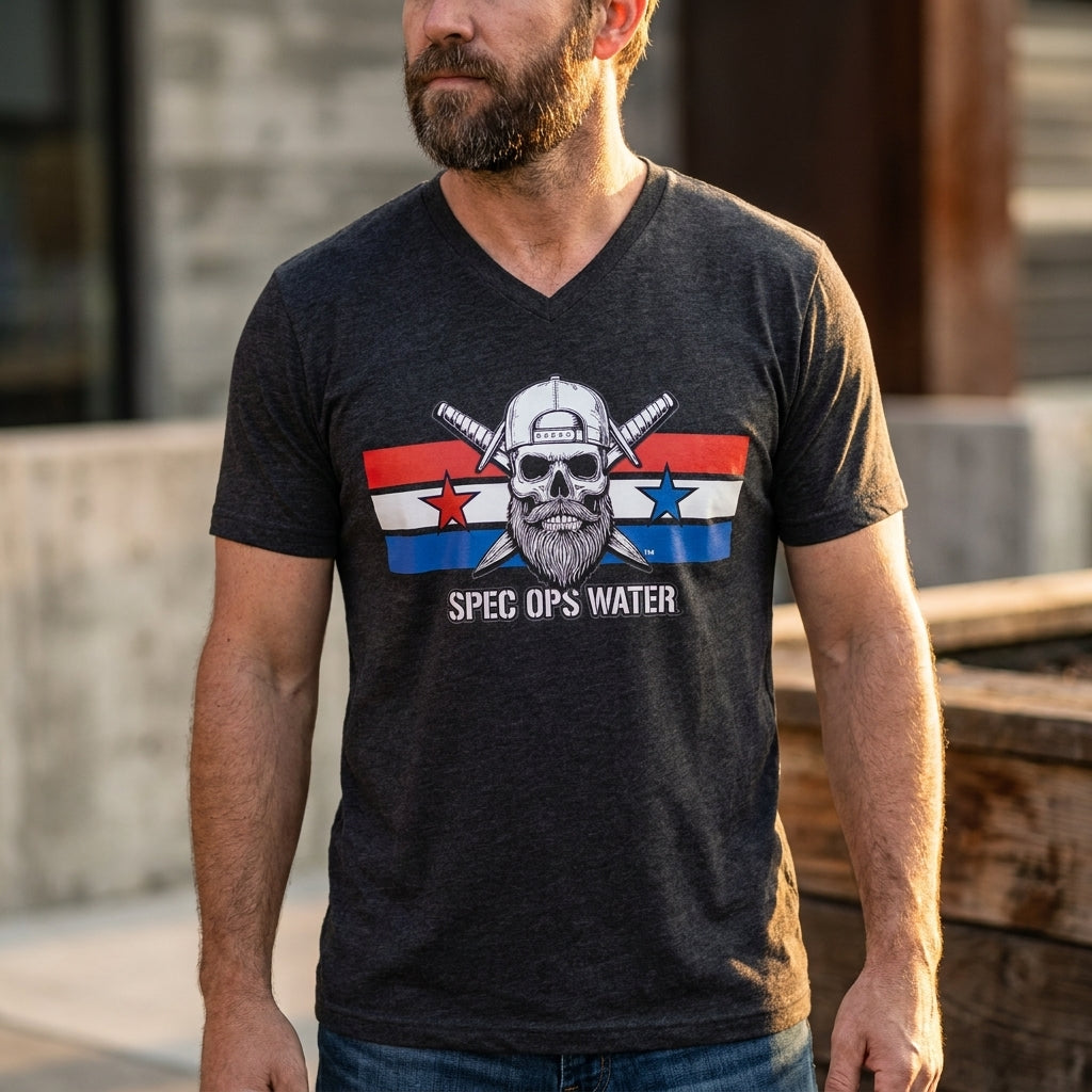 Man wearing the charcoal RALLY Patriot V-neck shirt outdoors.