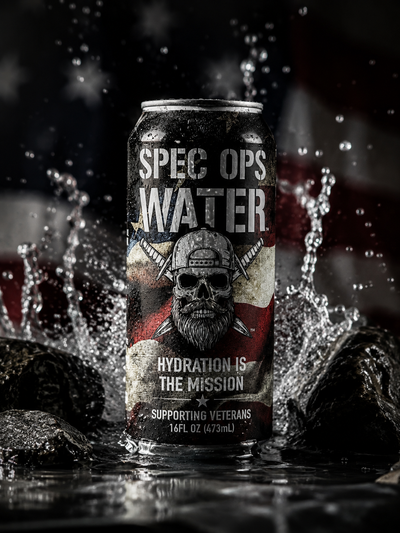 Spec Ops Water hydration can with water splash and American flag background