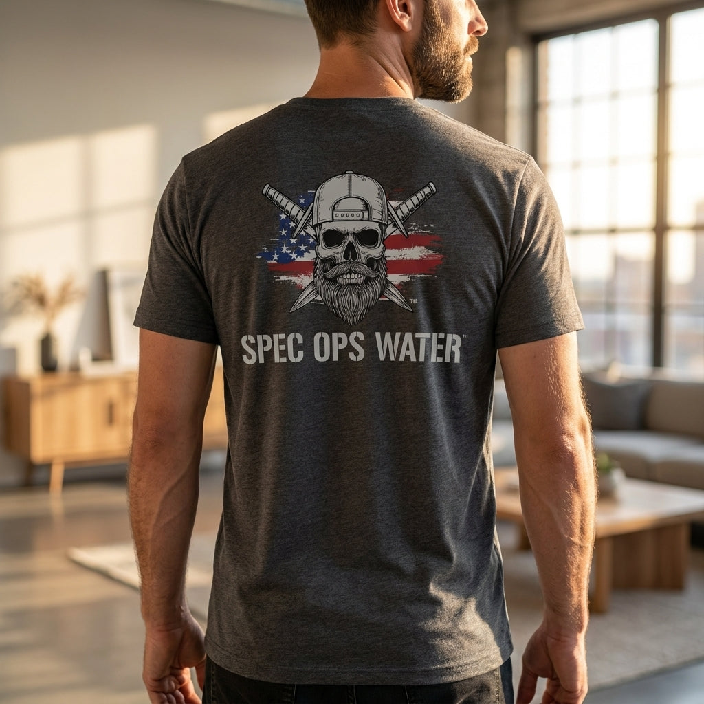 Rear view of man wearing the BACKBLAST V-neck showcasing the patriotic back artwork.
