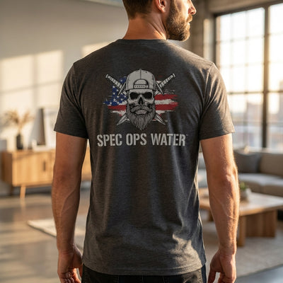 Rear view of man wearing the BACKBLAST V-neck showcasing the patriotic back artwork.