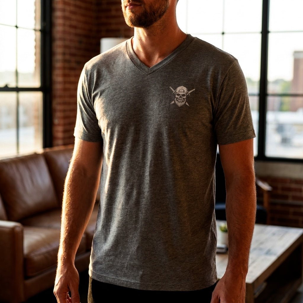 Man wearing the Spec Ops Water BACKBLAST V-neck patriotic shirt.