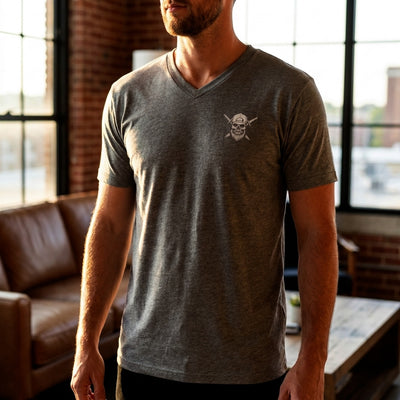 Man wearing the Spec Ops Water BACKBLAST V-neck patriotic shirt.