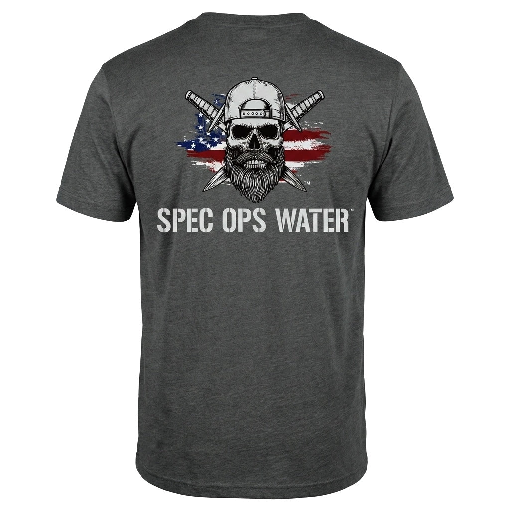 Heather charcoal Spec Ops Water BACKBLAST V-neck t-shirt featuring the Skull & Swords logo on the left chest.