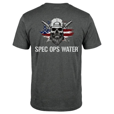 Heather charcoal Spec Ops Water BACKBLAST V-neck t-shirt featuring the Skull & Swords logo on the left chest.