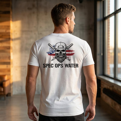 Back of the COLORS shirt featuring the Skull & Swords logo over a distressed American flag with Spec Ops Water branding.
