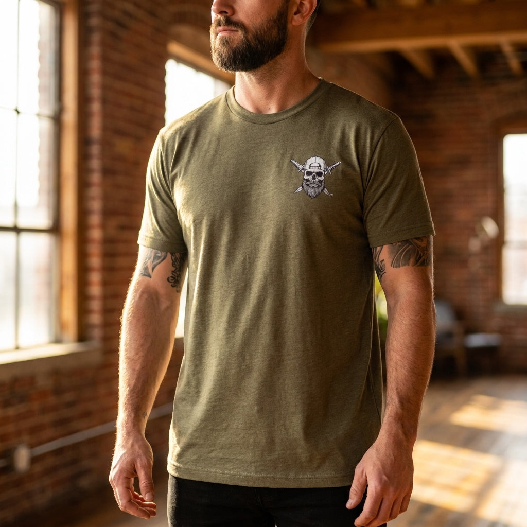 Man wearing the Spec Ops Water ISSUED olive drab t-shirt.