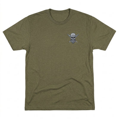 Olive drab Spec Ops Water ISSUED t-shirt featuring the Skull & Swords logo on the left chest.