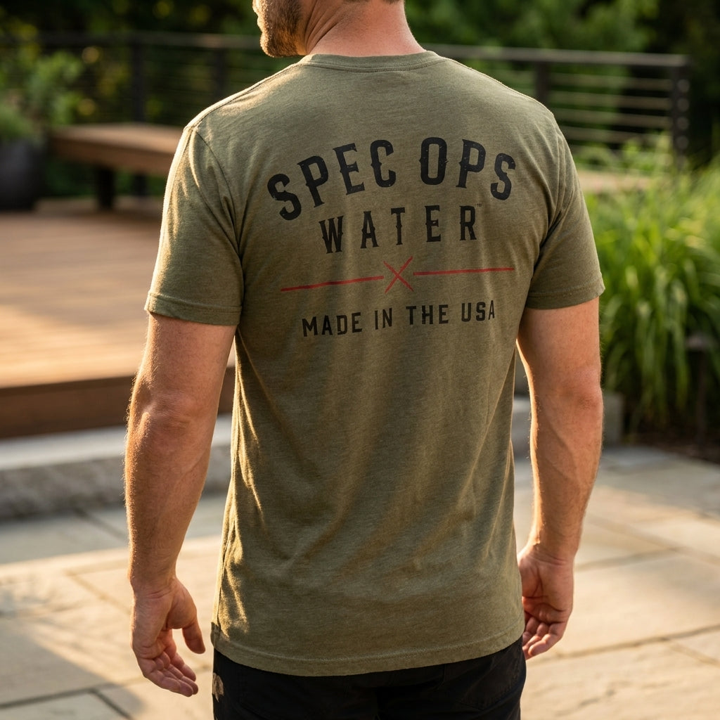 Back of the ISSUED shirt featuring vintage Spec Ops Water typography with Made in the USA graphic.