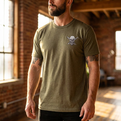 Man wearing the olive drab STANDARD Spec Ops Water t-shirt.