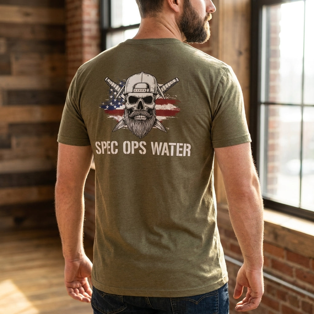 Rear view of the STANDARD t-shirt displaying the full-back Spec Ops Water American flag artwork.